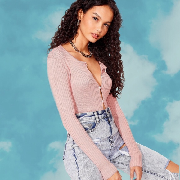 Nasty Gal Sweaters - Pearl Ribbed Knit Cardigan